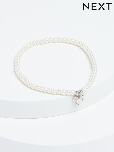 Sterling Silver Heart Charm Pearl Effect Beaded Bracelet (A62271) | €20