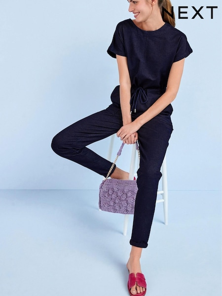 Délavage bleu - Tie Waist Short Sleeve Jersey Denim Jumpsuit (A65522) | € 14