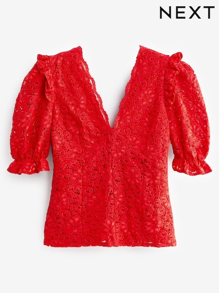 Красный - V-Neck Short Puff Sleeve Lace Top (A66880) | €22