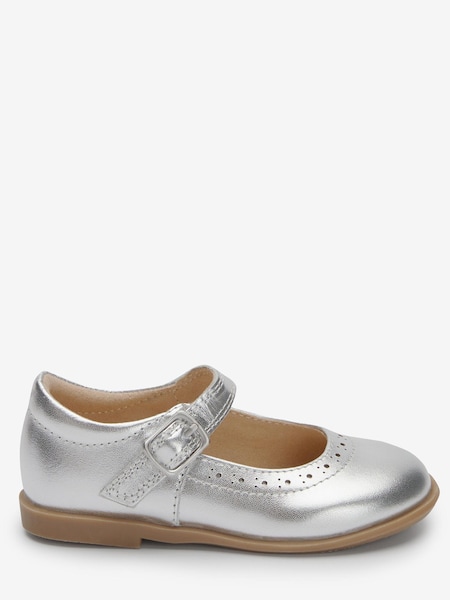 Silver Leather Standard Fit (F) Brogue Mary Jane Shoes (A68548) | €17 - €21
