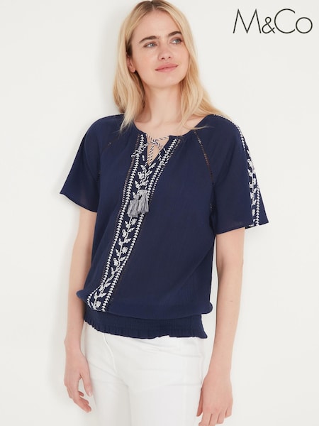 M&Co Blue Embroidered Tassel Detail Top (A69766) | € 15