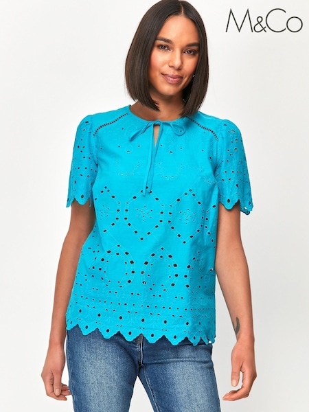 M&Co Blue Broderie Short Sleeve Top (A69767) | €12