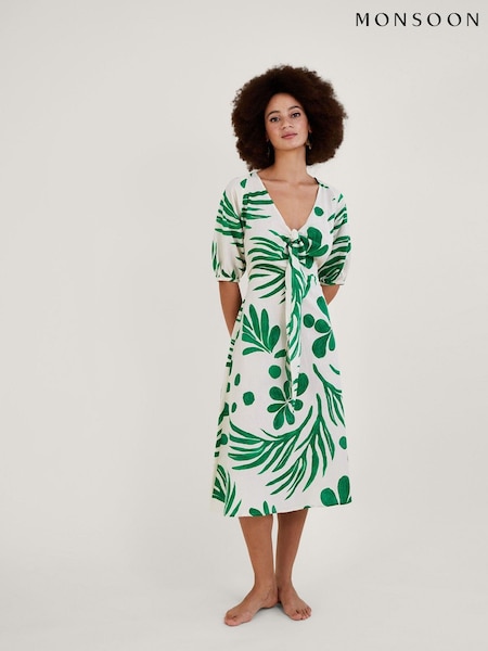 Monsoon Green Abstract Palm Print Tie Front Midi Dress (A70250) | €42