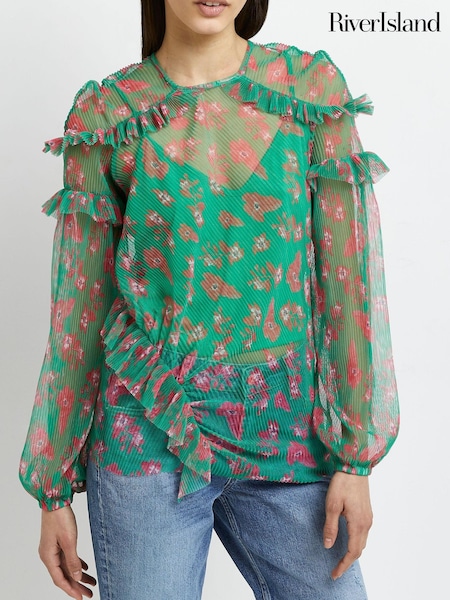 River Island Green Bright Frill Mesh Floral Top (A70724) | €18.50