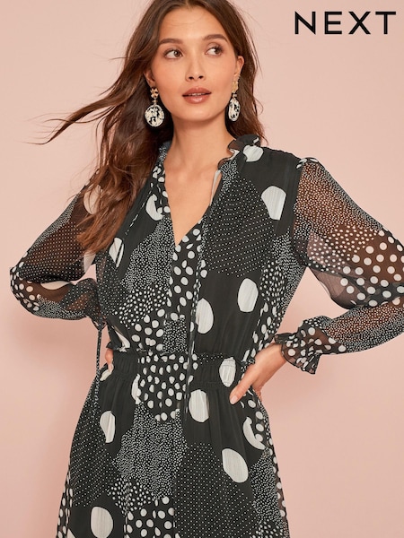 Black/White Spot Long Sleeve Chiffon Midi Dress (A70929) | €23