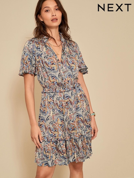 Blue Paisley Print Satin Mini Angel Sleeve Dress (A70980) | €22