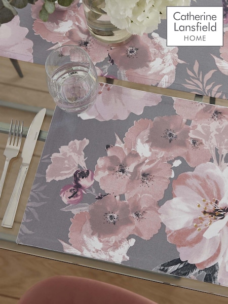 Catherine Lansfield Set of 2 Grey Dramatic Floral Wipeable 100% Cotton Placemats (A74028) | €14