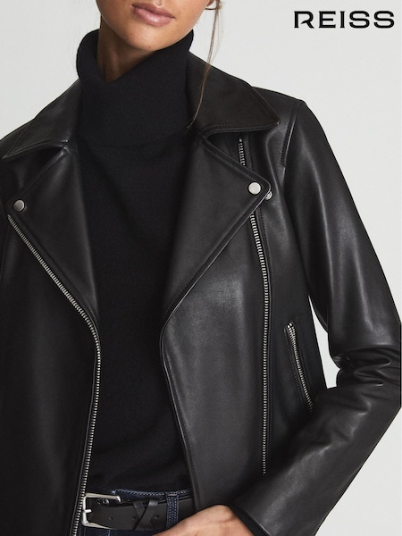 Reiss Black Geo Leather Biker Jacket (A75218) | €535