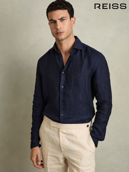 Reiss Navy Ruban Linen Button-Through Shirt (A76402) | €70