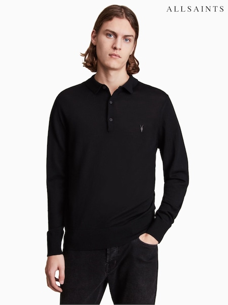 AllSaints Black Mode Merino Long Sleeve Polo Shirt (A76782) | €139