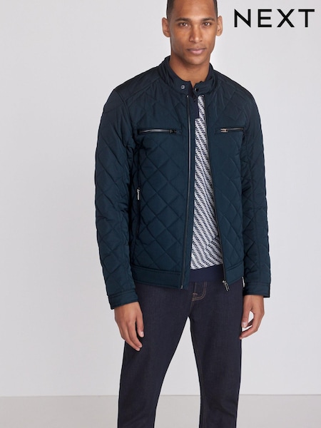 Navy Blue Shower Resistant Diamond Quilt Racer Neck Jacket (A78339) | €36