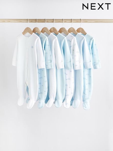 Pale Blue 7 Pack Elephant Baby Sleepsuits (0-2yrs) (A78745) | €15 - €16.50