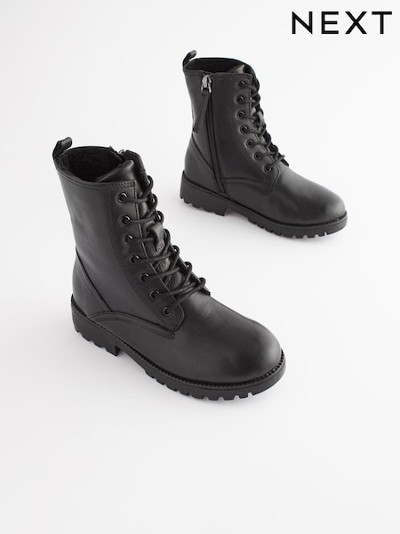 Black Leather Standard Fit (F) Warm Lined Lace Up Boots (A81194) | AED163 - AED188