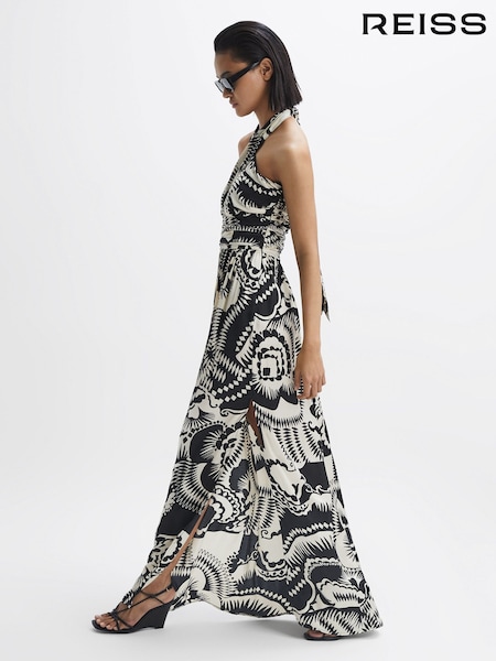 Reiss Black/White Hallie Printed Halter Neck Maxi Dress (A82473) | €117