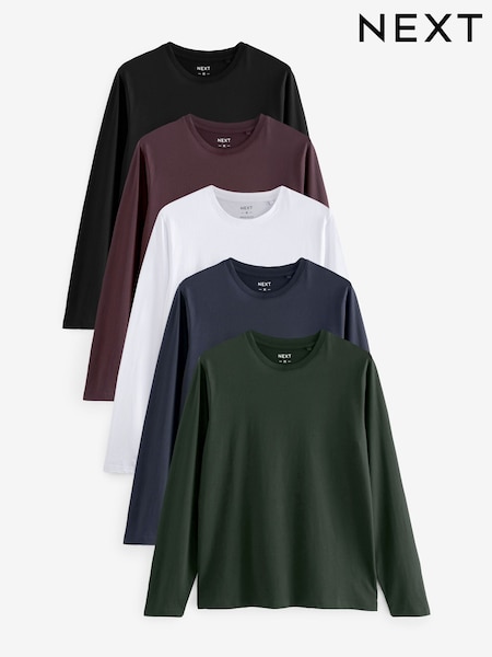 Black/White/Navy Blue/Green/Burgundy Red Regular Fit Regular Fit Long Sleeve 100% Cotton T-Shirts 5 Pack (A82947) | €66