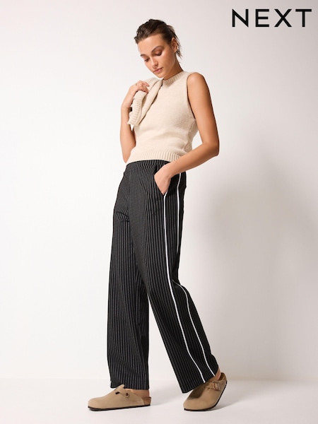 Black Pinstripe Jersey Wide Leg Side Stripe Trousers (A85896) | €11