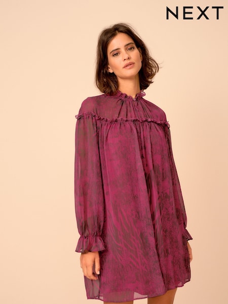 Pink Print Long Sleeve Chiffon Mini Dress (A86228) | €18
