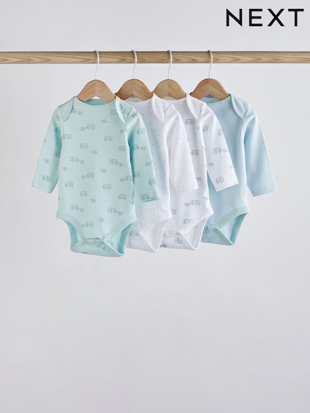 Blue/White Elephant 4 Pack Baby Long Sleeve Bodysuits (A86271) | €6 - €7