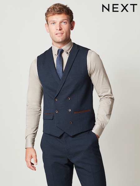Navy Blue Trimmed Herringbone Fabric Suit Waistcoat (A86731) | €9