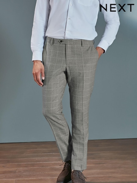 Grey Slim Fit Signature Tollegno Wool Windowpane Check Suit: Trousers (A86733) | €59