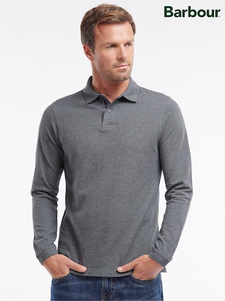 Barbour® Charcoal Grey 100% Cotton Essential Long Sleeve Sports Polo Shirt (A87991) | 444 QAR