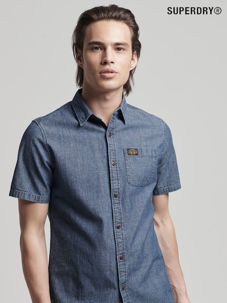 Albastru - Superdry Vintage Loom Mânecă scurtă  100% Cotton Shirt (A89526) | 180 LEI