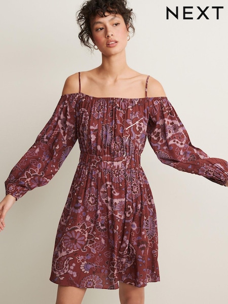 Brown Floral Print Strappy Bardot Mini Dress (A89841) | €14