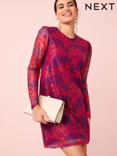 Pink Floral Print Lace Long Sleeve Mini Dress (A90292) | €21
