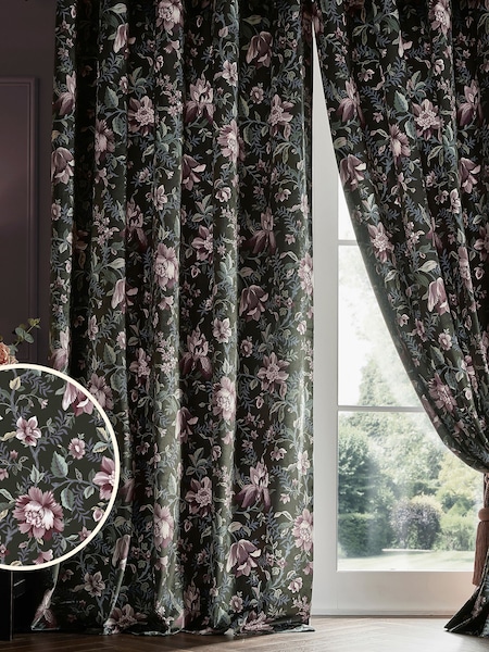 Laura Ashley Grey 100% Cotton Edita's Garden Lined Eyelet Curtains (A91384) | €129 - €245