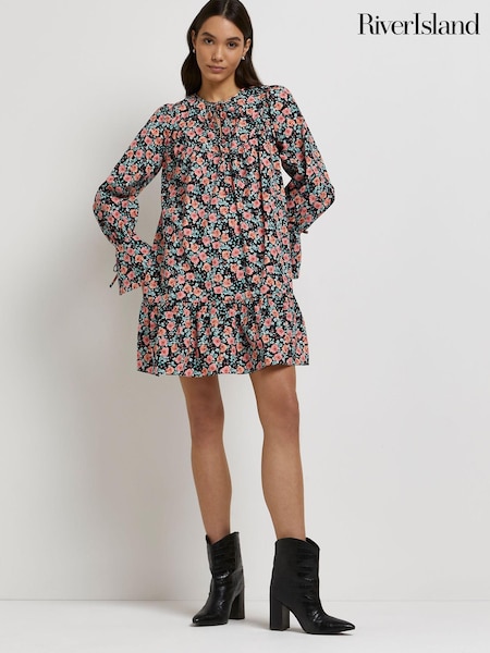 River Island Black Floral Tie Neck Smock Mini Dress (A91448) | €15