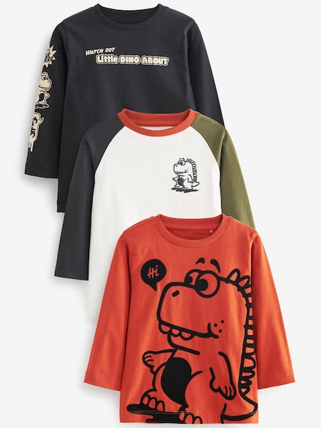 Rostbraun/Dino - Long Sleeve Character 100% Cotton T-Shirts 3 Pack (3mths-7yrs) (A94356) | 12 € - 15 €