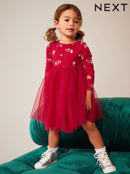 Red Christmas Long Sleeve Printed Tutu Dress (3mths-7yrs) (A95609) | €10 - €11