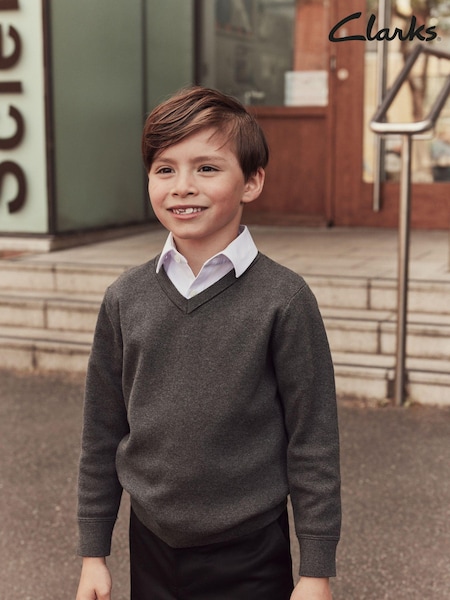 Clarks Grey Long Sleeve School Knitted V-Neck Jumper (A96595) | AED42 - AED63