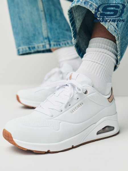 Skechers Cotton White Black Golden Womens Standard Fit Uno Trainers (A97663) | €112
