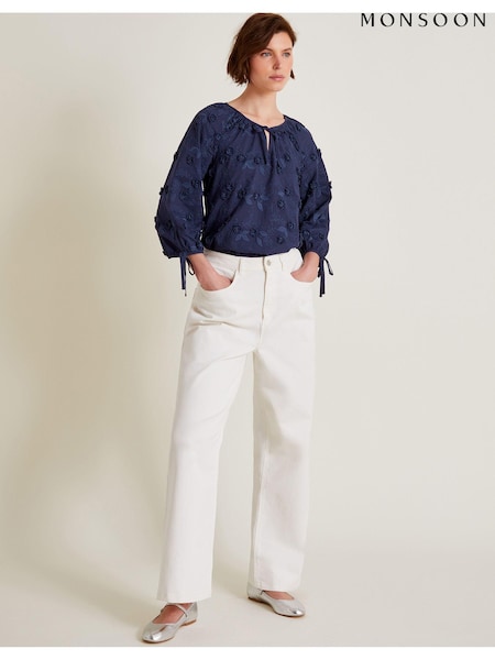 Monsoon Blue Ivy Floral Embroidered Blouson 100% Cotton Blouse (AA0007) | 190 QAR