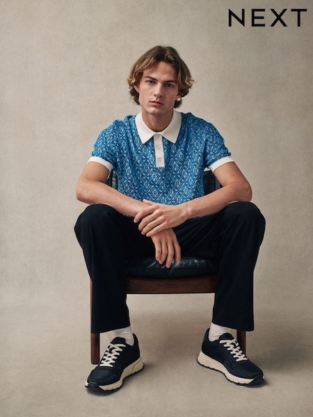 Blue/White Regular Fit 100% Cotton Short Sleeve Geometric Knit Polo Shirt (AA0135) | €36