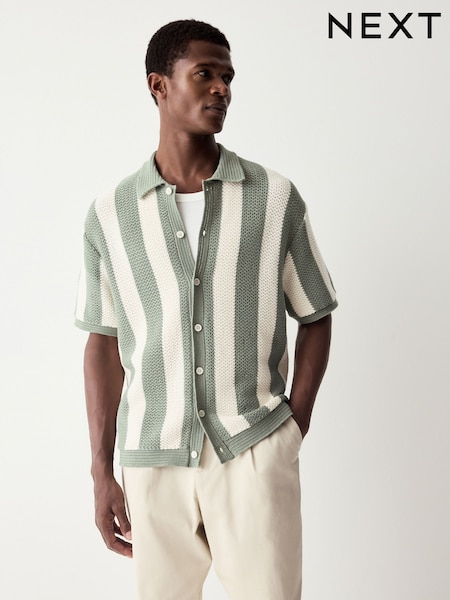 White/Sage Green Relaxed Fit Cotton Rich Short Sleeve Stripe Crochet Knit Shirt (AA0138) | €41