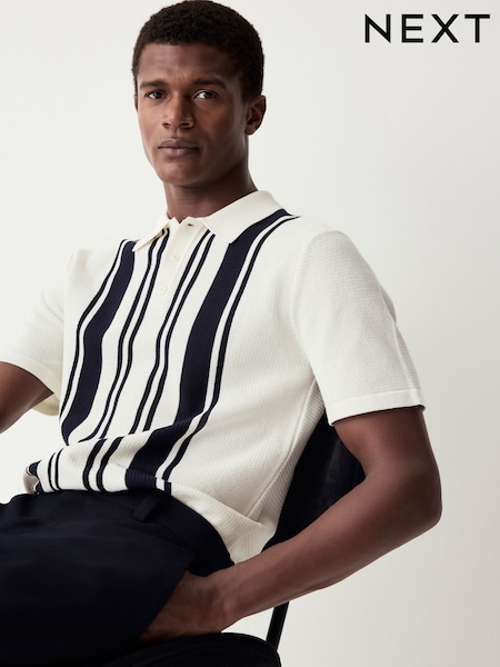 White/Navy Regular Fit 100% Cotton Short Sleeve Vertical Stripe Knit Polo Shirt (AA0139) | $48