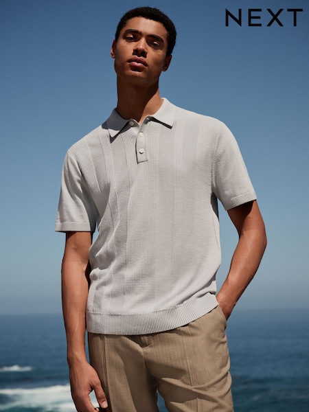 Light Blue Regular Fit Cotton Rich Short Sleeve Knit Polo Shirt (AA0140) | 129 QAR