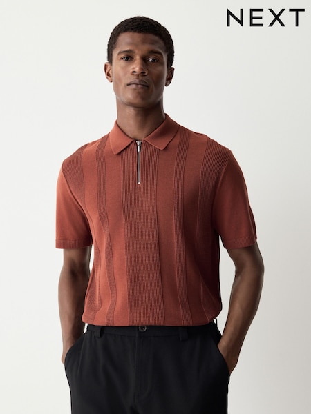 Rust Brown Regular Fit Cotton Rich Textured Knit Quarter Zip Polo Shirt (AA0141) | $47