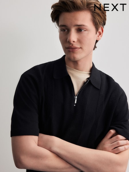 Black Regular Fit Cotton Rich Textured Knit Quarter Zip Polo Shirt (AA0142) | INR 2,817