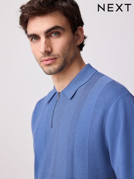 Синій - стандартний крий Cotton Rich Textured Knit Quarter Zip сорочки поло (AA0144) | 965 грн