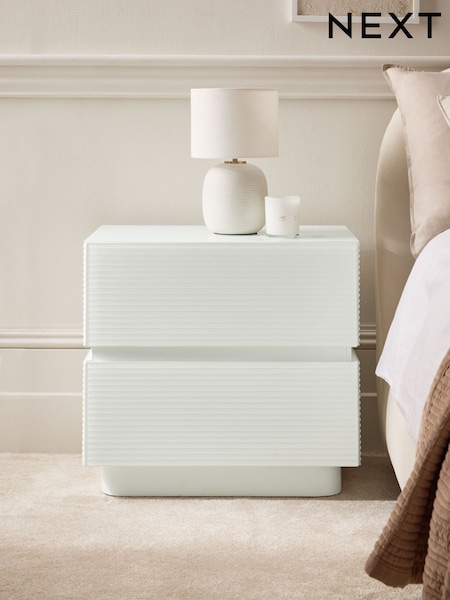 White Sloane Ribbed Glass 2 Drawer Wide Bedside Table (AA0171) | €400