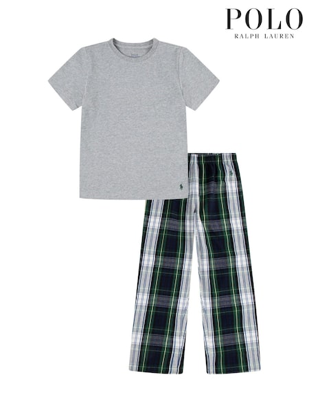 Harmaa - Polo Ralph Lauren T-shirt & Woven Check 100% Cotton Pyjama Set (AA0250) | €71