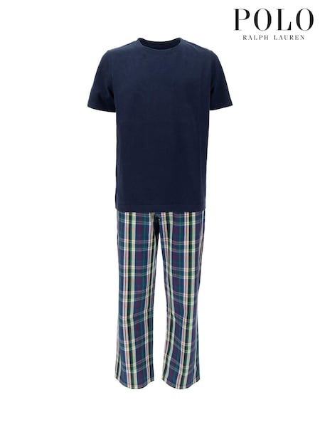 Polo Ralph Lauren Blue T-Shirt & Woven Check 100% Cotton Pyjama Set (AA0260) | AED189 - AED218