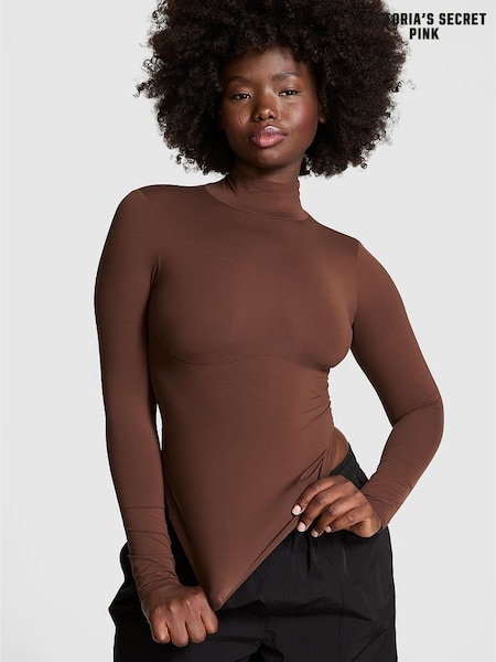 Victoria's Secret PINK Ganache Brown Mock Neck Soft Stretch T-Shirt (AA0274) | €19.50