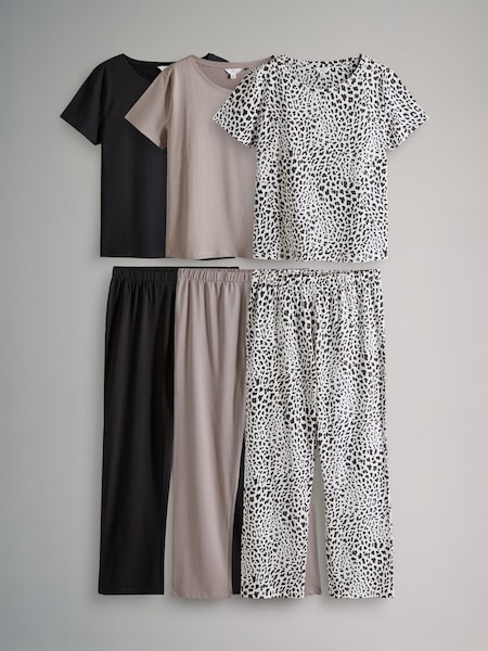 The Set Taupe Brown/Black/Animal 3 Pack Short Sleeve 100% Cotton Pyjamas (AA0279) | €42