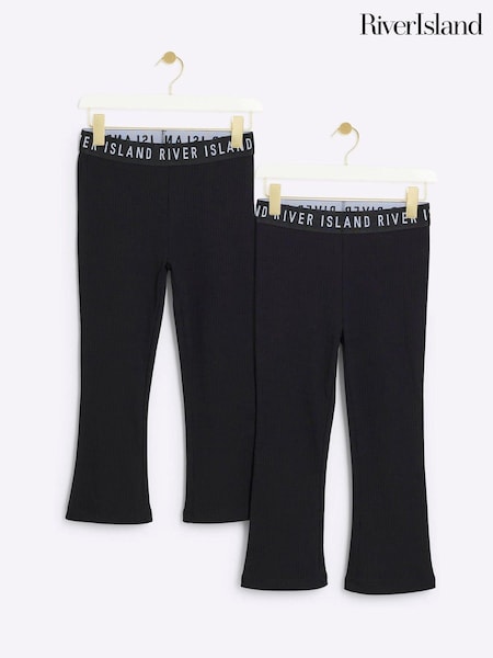River Island Black Girls Rib Kickflare 100% Cotton Trousers 2 Pack (AA0447) | €23