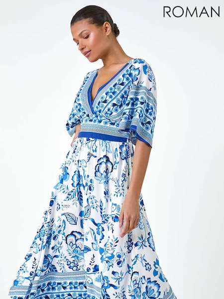 Roman Blue Floral Border Print Pocket Midi Dress (AA0882) | €60