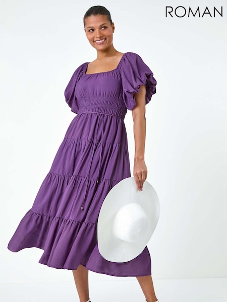 Roman Purple Plain Puff Sleeve Tiered Midi Dress (AA0885) | €27